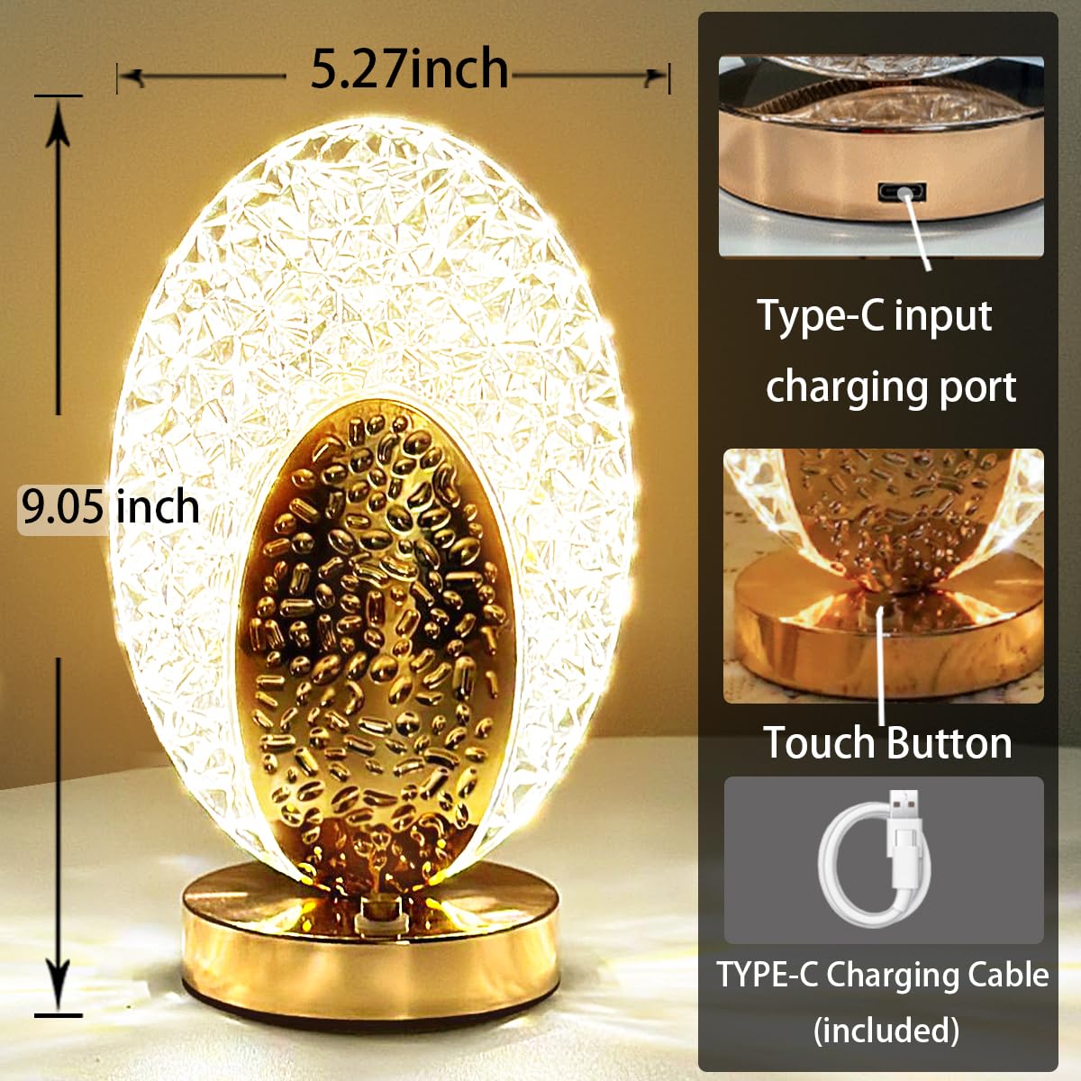 Portable Oval Crystal LED Table Lamp with Touch Sensor